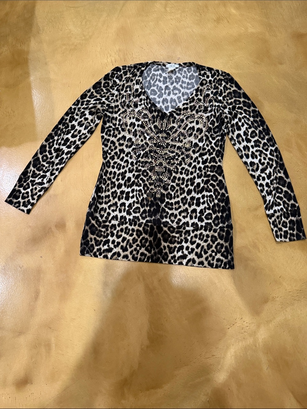 Cache Leopard Print V-Neck Long Sleeve Top with Stud Embellishment - Black/Tan